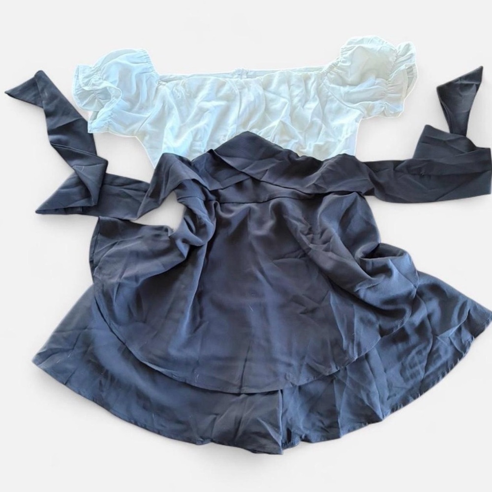 Two-Tone Off-Shoulder Dress — White Top & Black Skirt